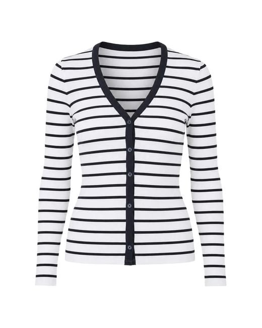Patrick Assaraf White Striped Rib-Knit Cardigan