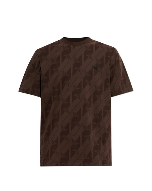 Adidas Brown Monogram-Print Logo-Patch T-Shirt for men