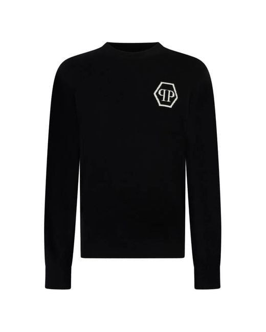 Philipp Plein Black Jacquard Hexagon Roundneck Knitwear for men