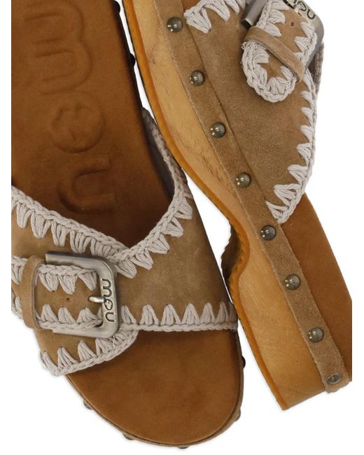 Mou Brown Stud-Embellished Crochet-Trim Sandals