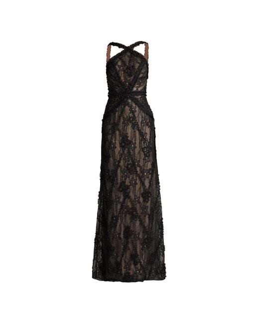 Tadashi Shoji Black Kaiti Ruffled Lace Gown