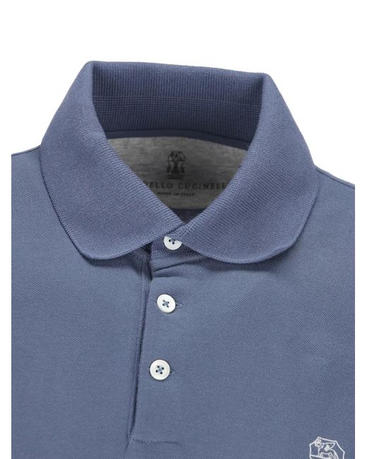 Brunello Cucinelli Blue Embroidered-Logo Polo Shirt for men