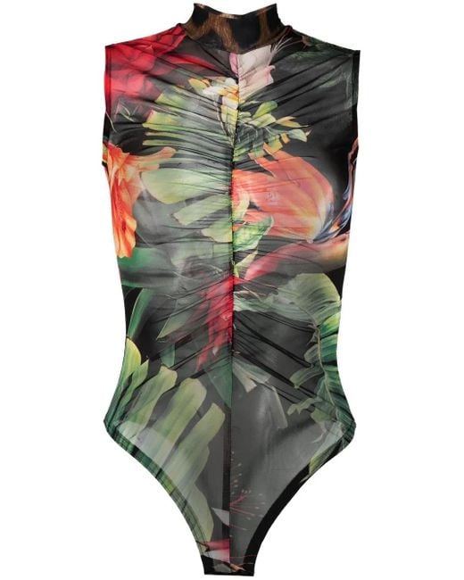 Philipp Plein Green Floral Sleeveless Bodysuit