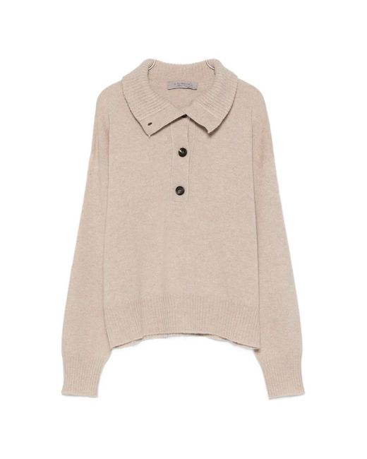 D.exterior Natural Button-Down Polo-Collar Sweater