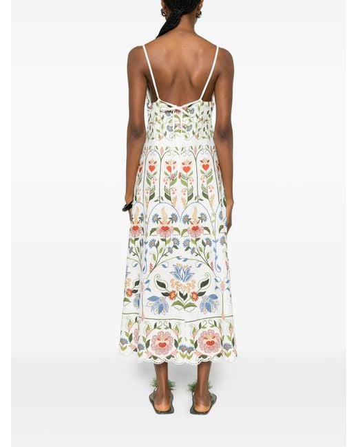 Farm Rio White Embroidered Scallop-Edge Midi Dress