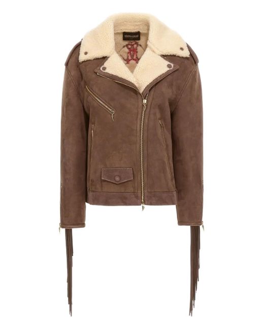 Roberto Cavalli シアリングトリム レザージャケット Brown