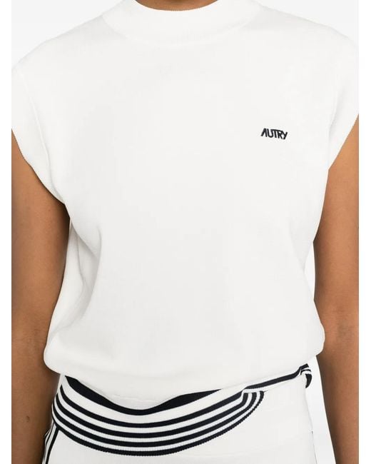 Autry White Logo-Print Striped-Hem Top