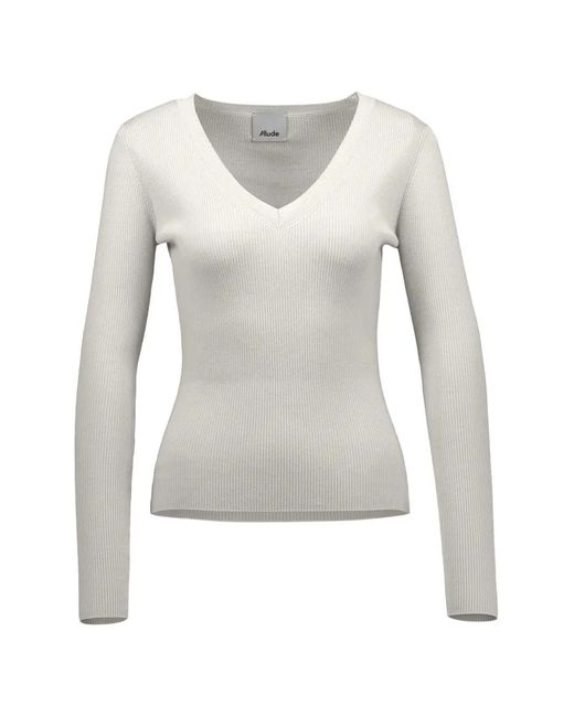Allude White V-Neck Ribbed Knitted Sweater