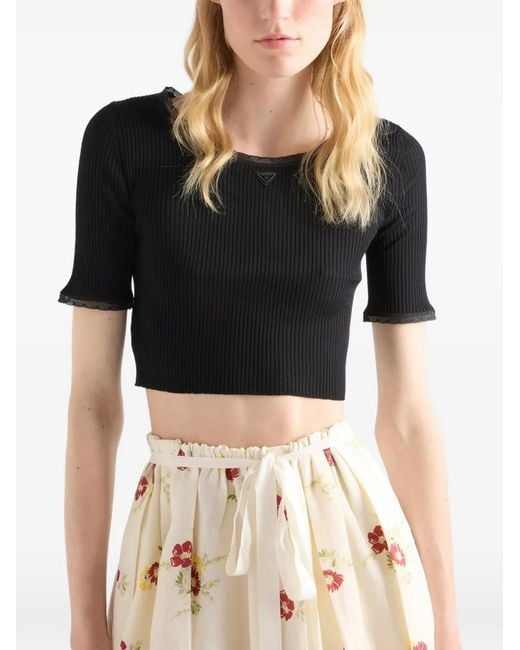 Prada Black Cropped Ribbed Cotton T-Shirt