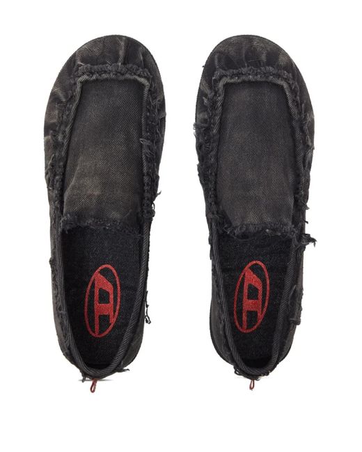 DIESEL Black D-Shock Moc Frayed-Detail Loafers for men