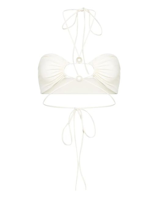 Magda Butrym White Pearl-Embellished Tie Bikini Top