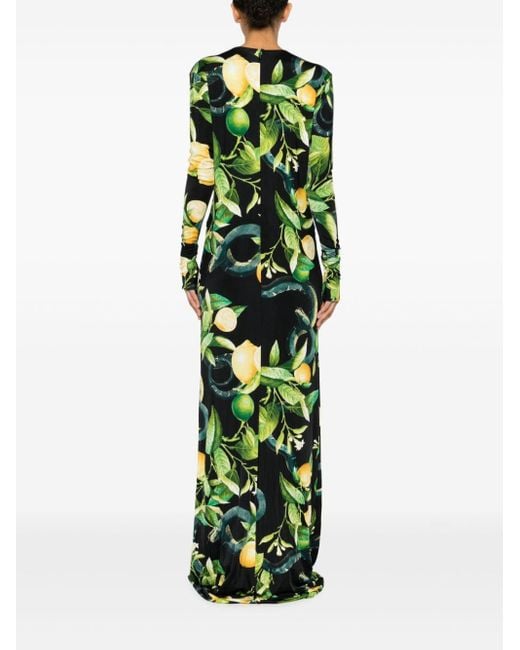 Roberto Cavalli Green V-Ausschnitt-Kleid mit Zitronen-Print