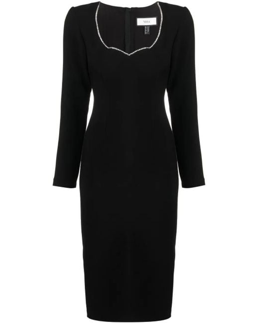 Nissa Black Crystal-Embellished Long-Sleeve Midi Dress