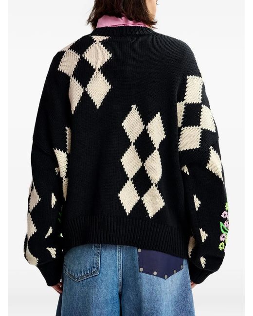Essentiel Antwerp Black Floral-Embellished Check-Pattern Sweater
