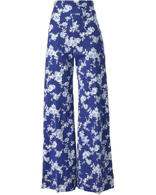 Carolina Herrera Blue Floral-Print Wide-Leg Trousers