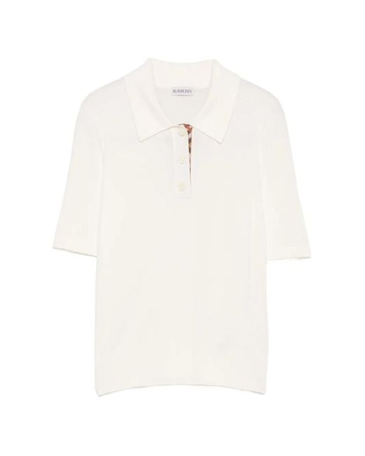 Burberry White Wool Knit Button Placket Polo With Check Detail