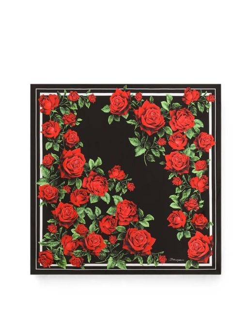 Dolce & Gabbana Red 90X90 Rose-Print Silk Twill Scarf