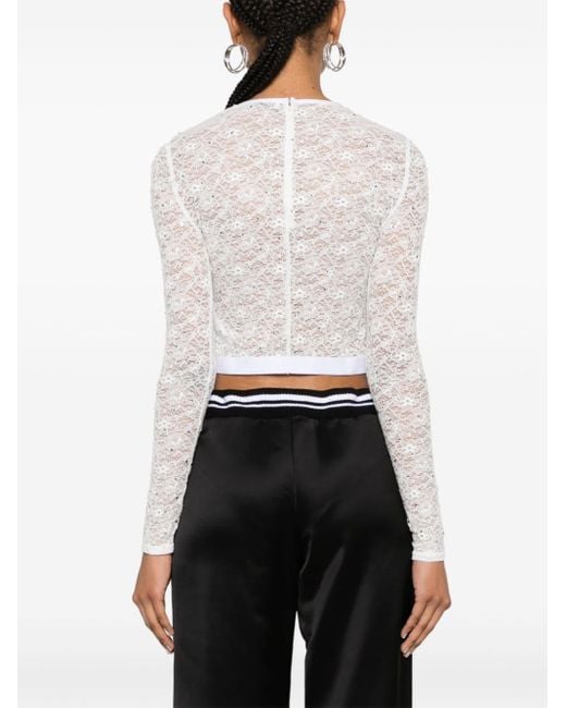 Alessandra Rich White Long-Sleeve Lace T-Shirt