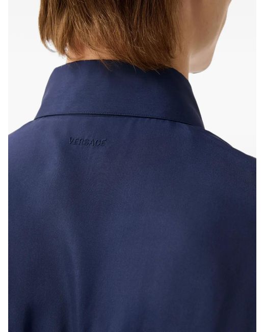 Versace Blue Eembroidered-Detail Silk-Poplin Shirt for men
