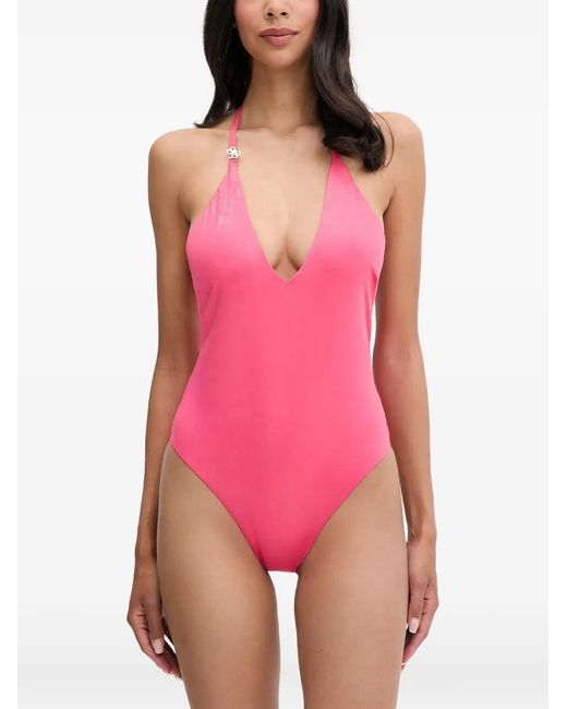 Guess Pink Logo-Plaque Halterneck Swimsuit