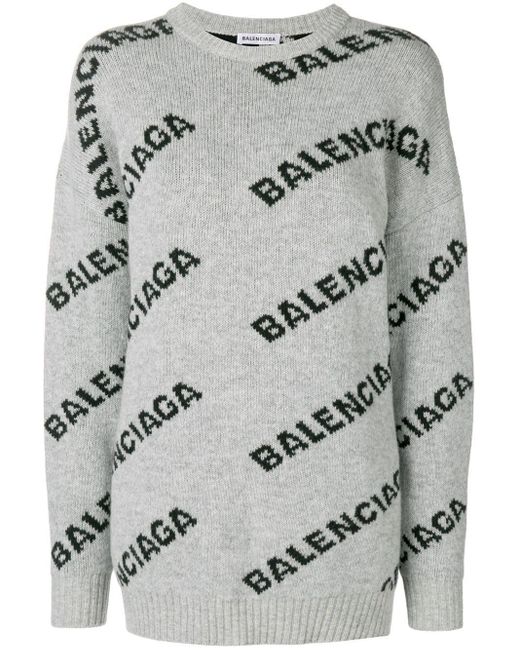 Balenciaga Jacquard Logo Ronde Hals Trui in het Grijs | Lyst NL