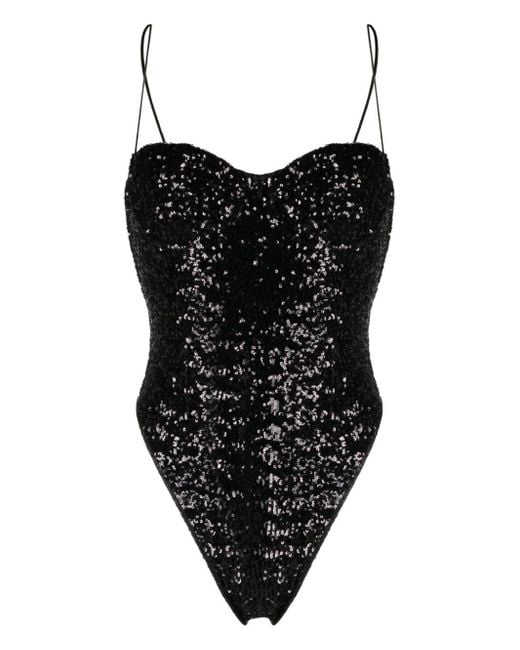 Oseree Black High-Leg Swimsuit Embellished With Sequins