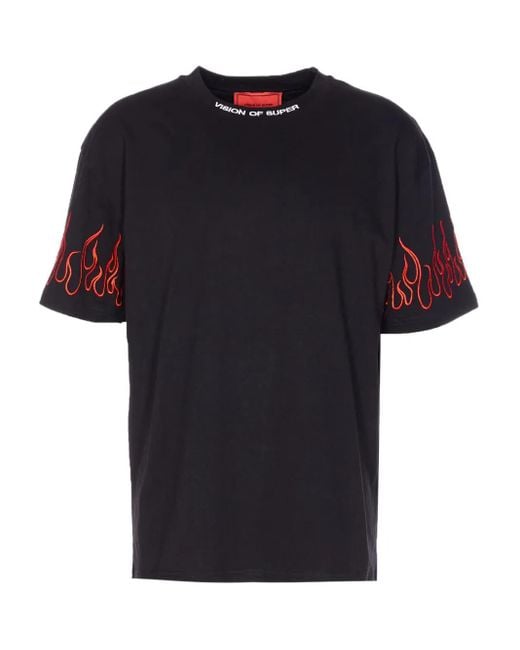 Vision Of Super Black Embroidered-Flame Crew Neck T-Shirt for men