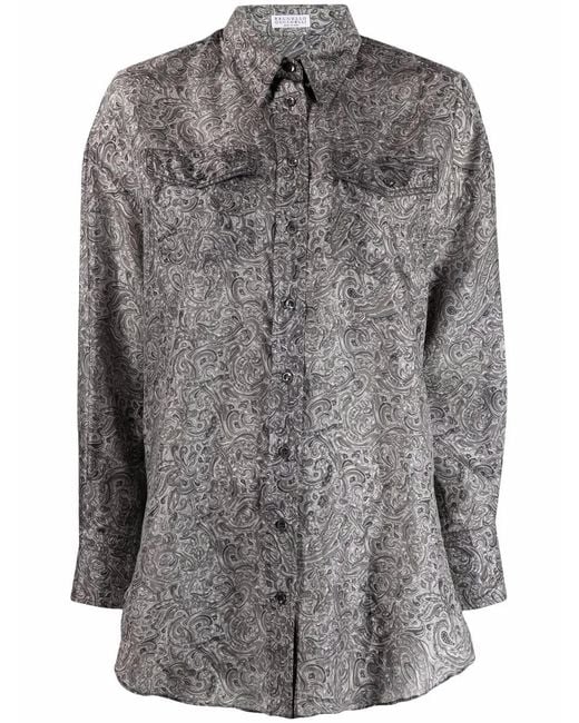 Brunello Cucinelli Gray Paisley-Print Long-Sleeve Shirt