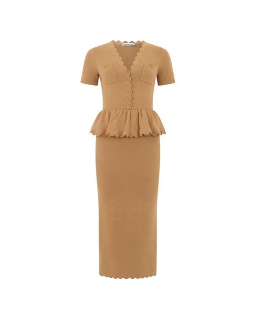 Self-Portrait Natural Scalloped Peplum Midi Dress