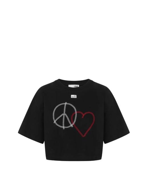 Love Moschino Black Embroidered Cotton Jersey T-Shirt