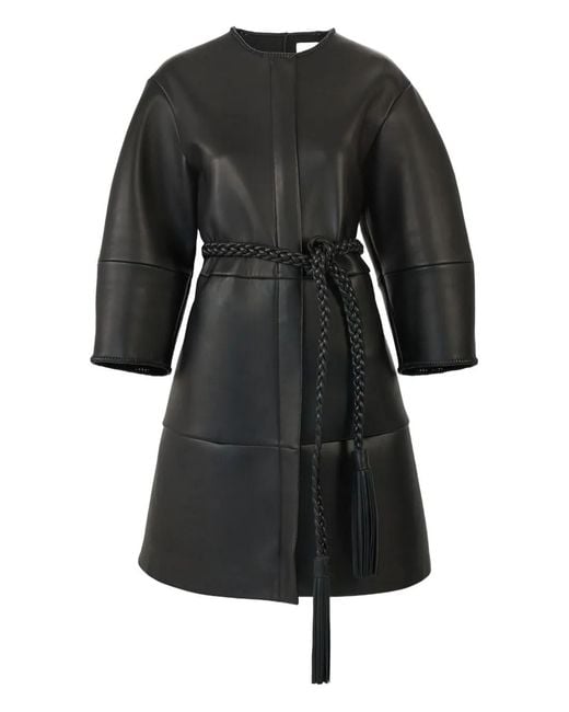 Carolina Herrera Black Arc Sleeve Leather Coat With Braided Belt