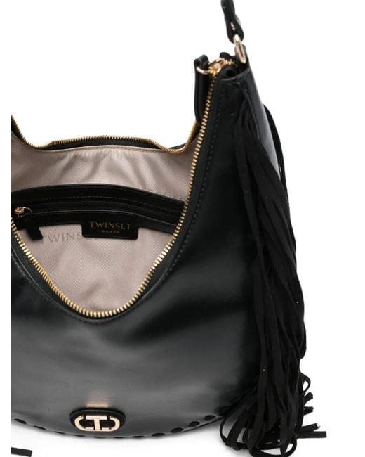 Twinset Black Fringe-Detail Leather Shoulder Bag