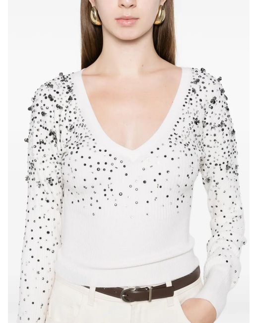 Max Mara White Pull Brodé De Sequins Gang À Décolleté En V