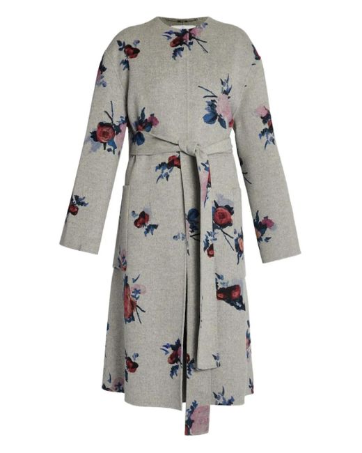 Erdem Wollen Jas Met Bloemenprint En Ceintuur in het Gray