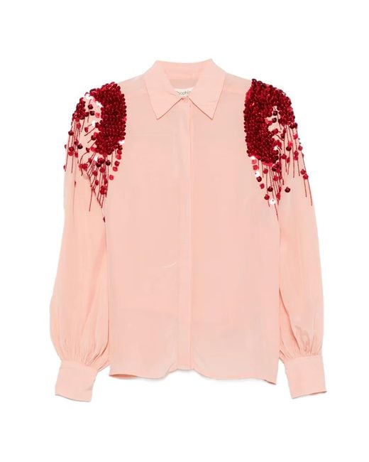 Psophia Pink Sequin-Embellished Bead-Fringe Shirt