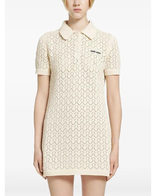Miu Miu White Robe Courte En Maille Pointelle À Patch Logo