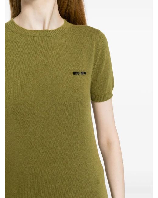 Miu Miu Green Logo-Intarsia Cashmere Top