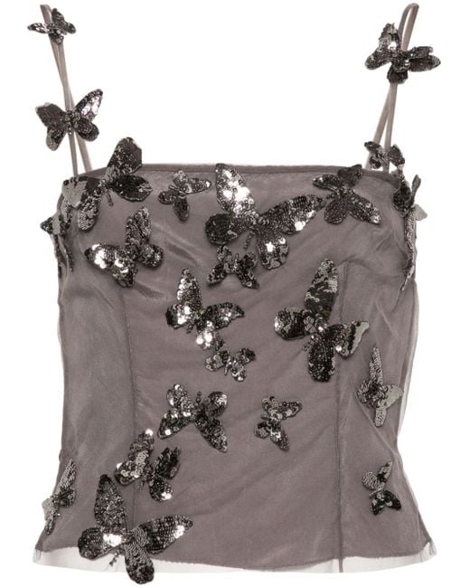 Blumarine Gray Sequin Butterfly-appliqué Crop Top