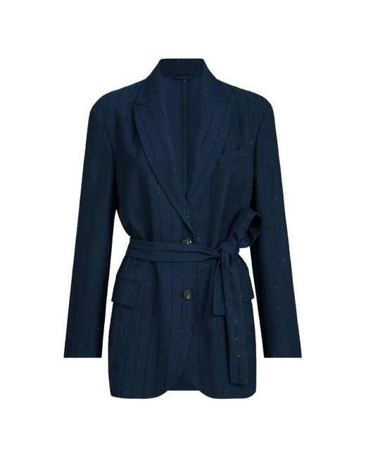 Brunello Cucinelli Blue Belted Single-Breasted Jacket