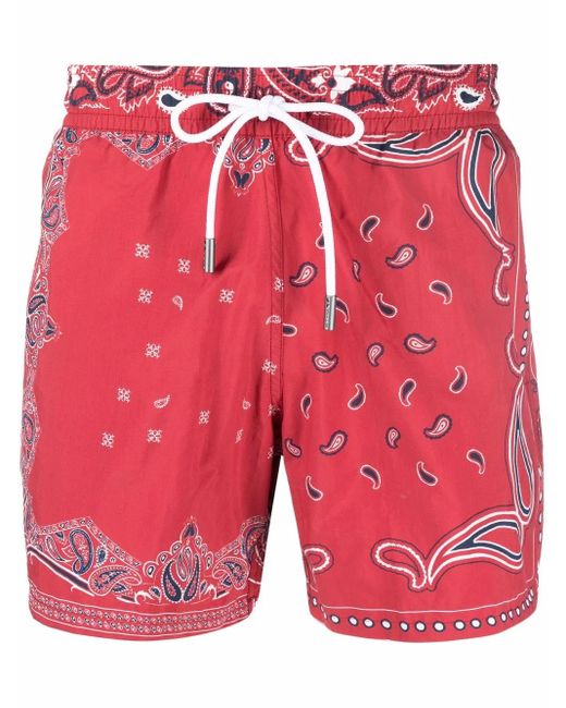 Etro Red Bandana-Print Swim Shorts for men