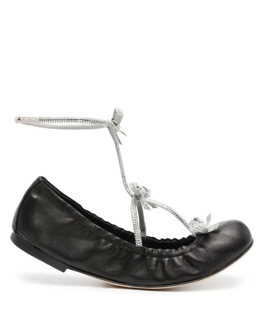 Rene Caovilla Black Crystal Embellished Leather Ballet Flats