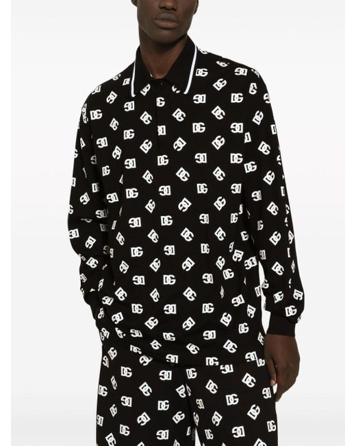 Dolce & Gabbana Black Logo-print Cotton Polo Shirt for men