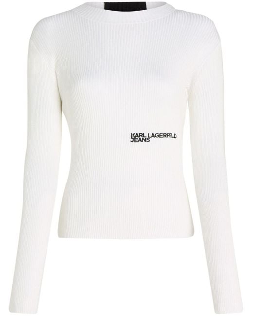 Karl Lagerfeld White Logo-embroidered Ribbed-knit Jumper