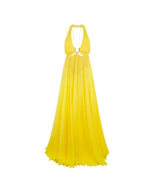 Roberto Cavalli Yellow Cut-Out Pleated Long Dress