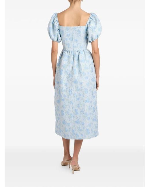 Markarian Blue Lilian Floral-Brocade Puffed-Sleeve Midi Dress