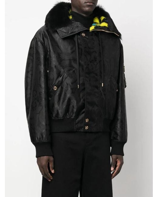 Versace Black Baroque-Print Shearling-Lined Jacket for men