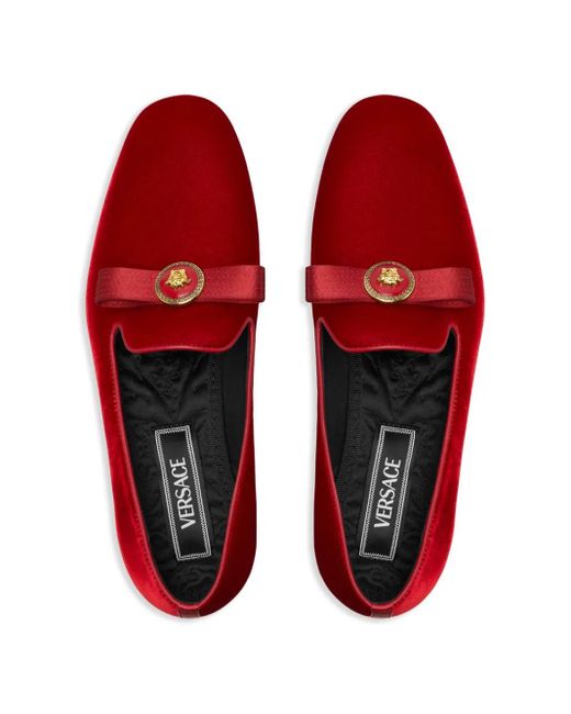 Versace Red Gianni Ribbon Velvet Slippers