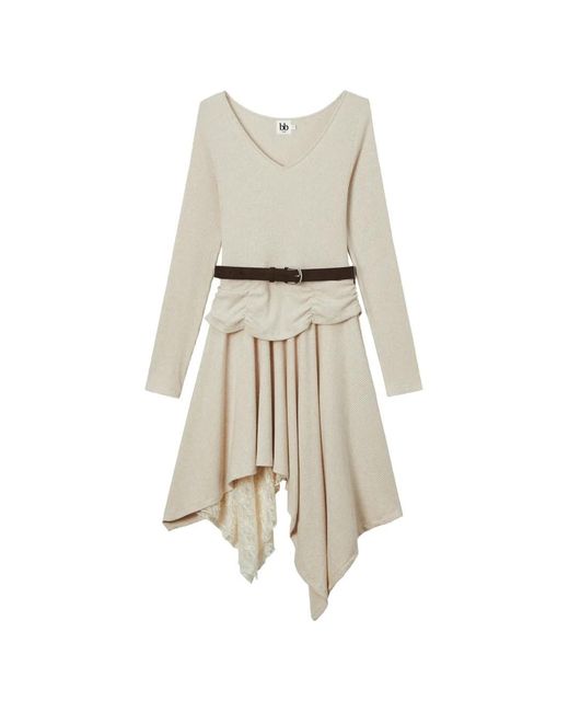 B+ AB Natural Midi Ribbed-Knit Handkerchief-Hem Dress