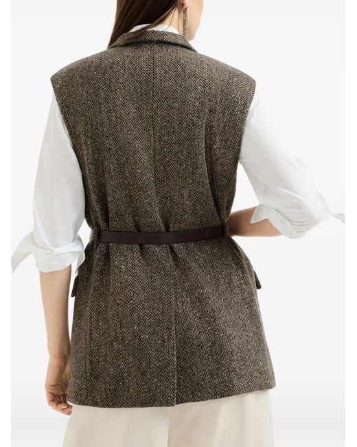 Brunello Cucinelli Brown Sparkling Virgin Wool Chevron Vest With Leather Belt And Monili