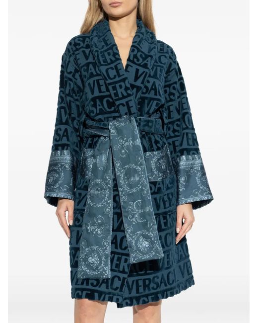 Versace Blue Logo-Pattern Belted Robe